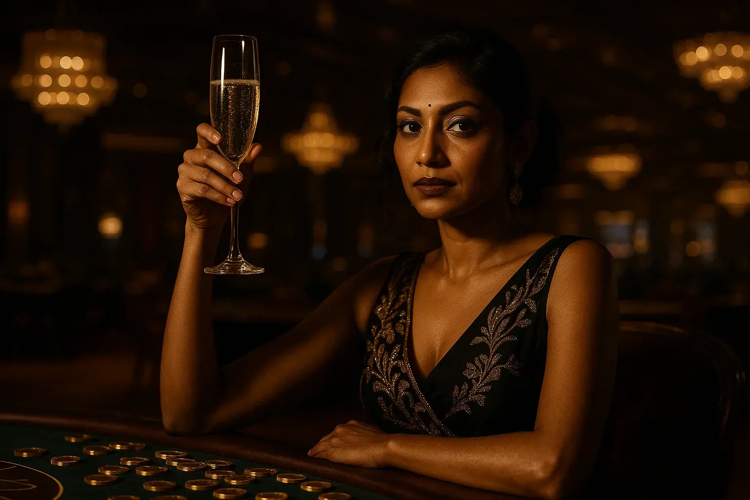 Sophisticated Bangladeshi woman toasting with champagne in luxurious VIP casino suite