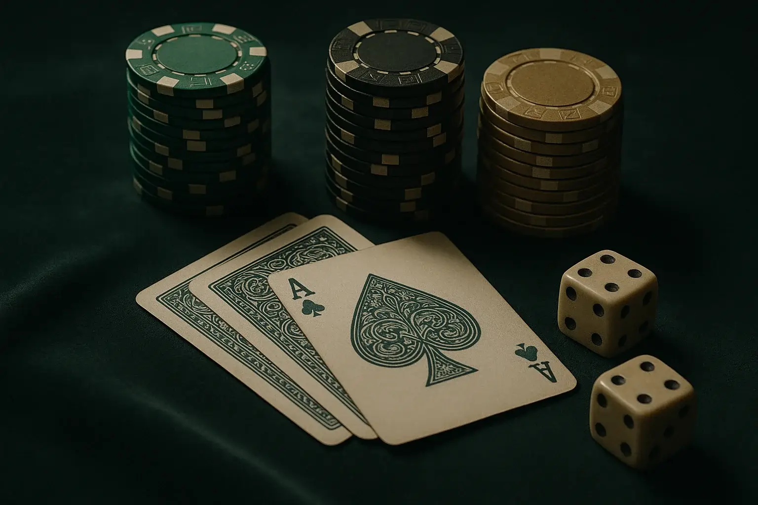 Hyperrealistic casino chips, cards, and dice on dark velvet under spotlight