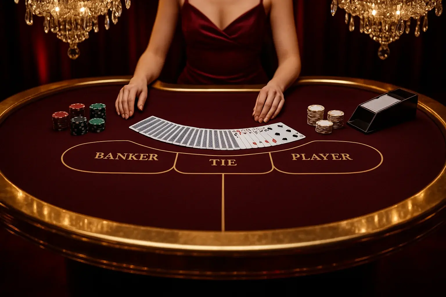 Hyperrealistic wide shot of luxury live baccarat studio with gold table and chandeliers