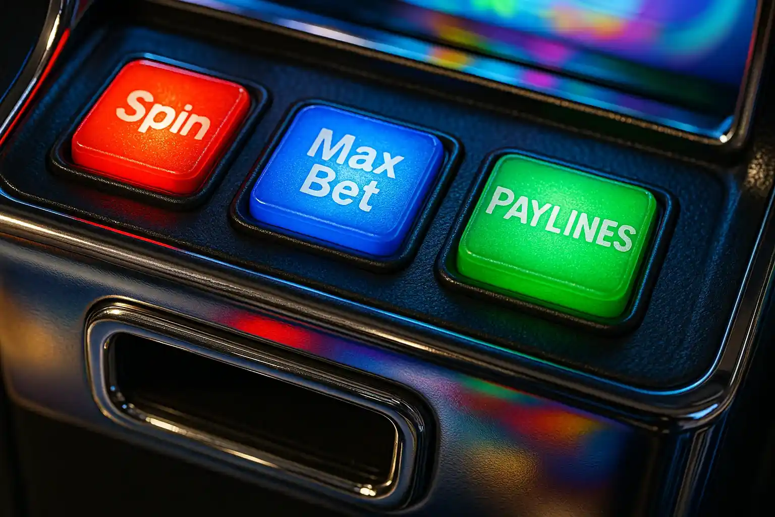 Macro photo of illuminated slot machine control panel buttons and chrome coin slot